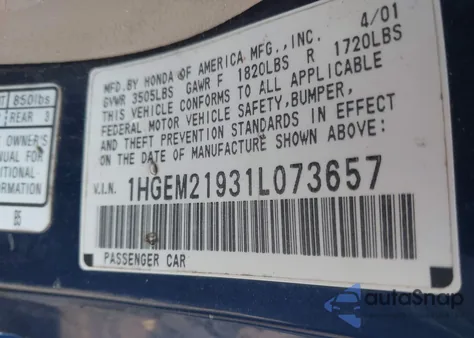 2001 Honda Civic Ex из США, поврежденный, VIN 1HGEM21931L073657